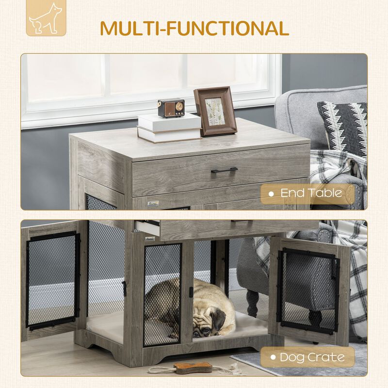 Gray Luxury Pet Crate: End Table with Cushion for Small Dogs
