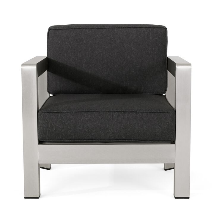 Kisa Accent Chair, Black Fabric Soft Cushions, Outdoor Silver Aluminium