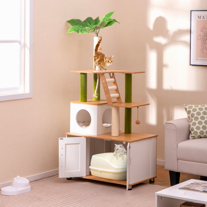 Hidden Cat Washroom Cabinet with Built-In Tower and Play Area for Indoor Cats