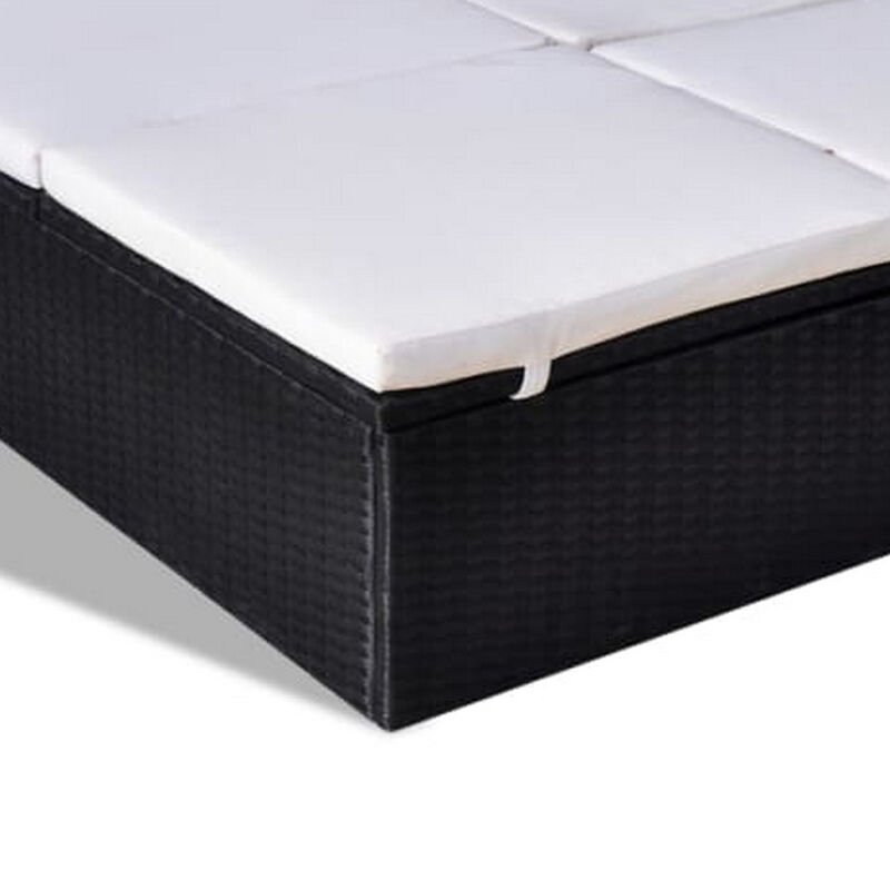 Double Sun Chaise Lounger, White Polyester, Black PE Rattan, 76 Inch - Benzara
