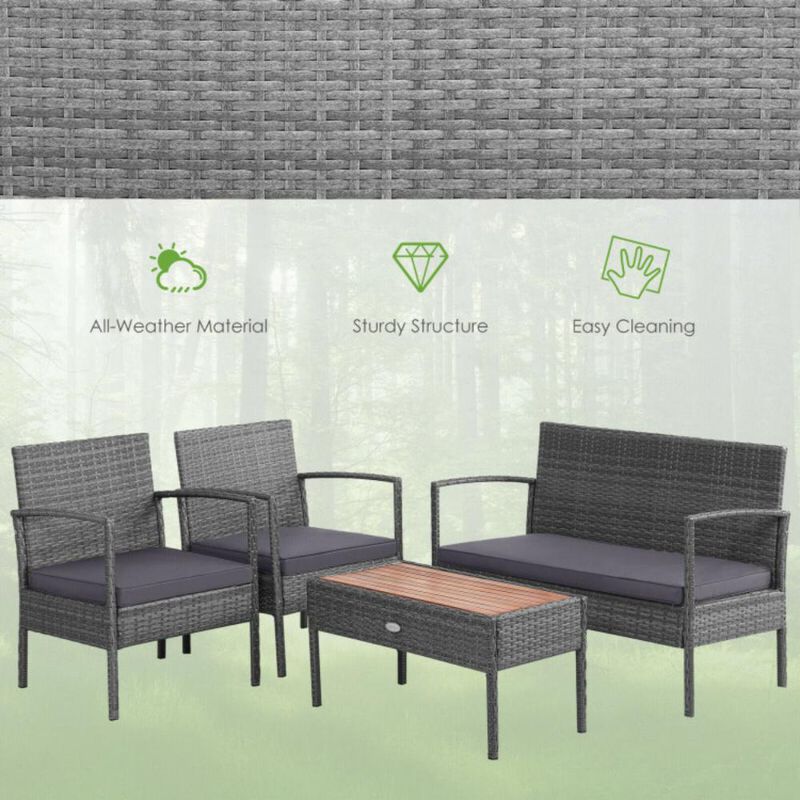 Hivvago 4 Pieces Rattan Patio Conversation Furniture Set with Acacia Wood Tabletop