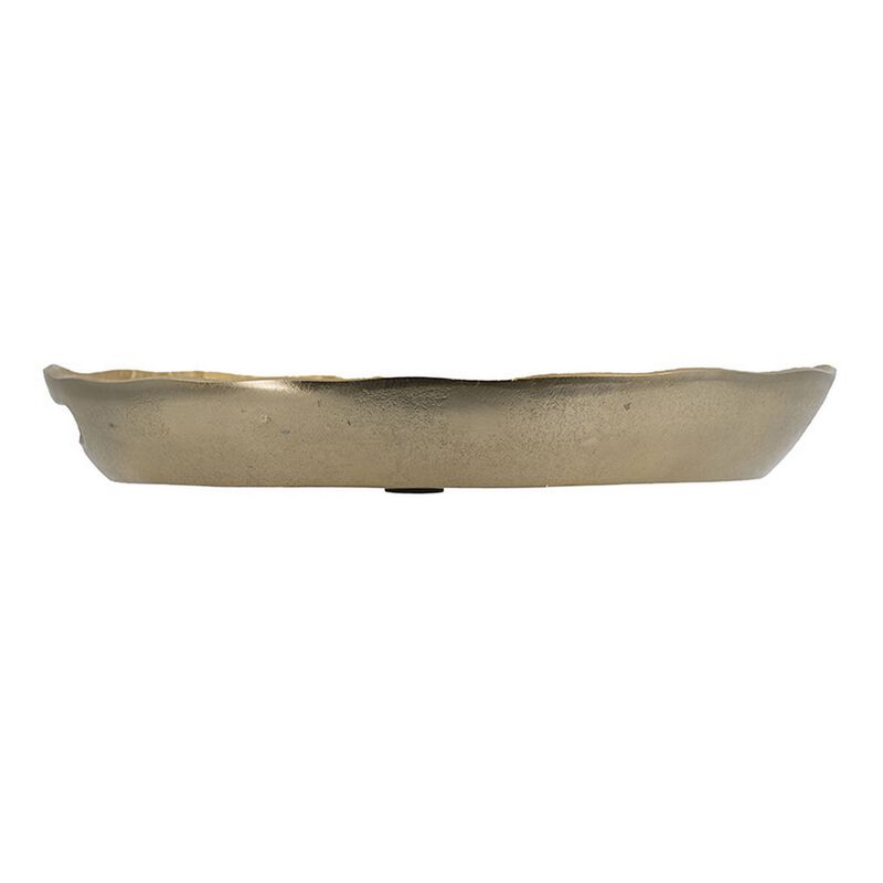 15 Inch Round Decorative Platter Tray, Sloped Rim, Texture Brass Gold  - Benzara