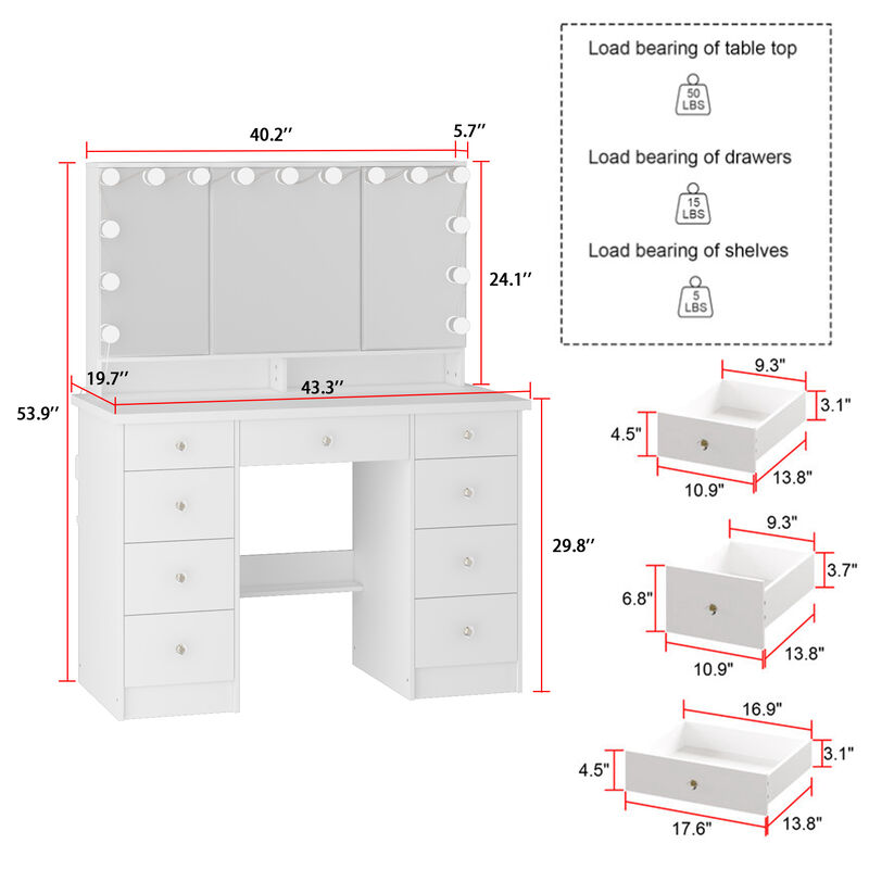White Modern Makeup Vanity Desk 9 Drawers Wood Dressing Table With 3 Mirrors, Hidden Storage Shelves, LED Bulb Lights