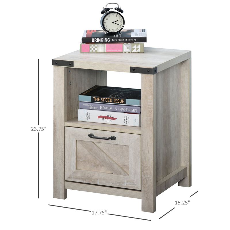 Natural Industrial Side Table: Retro End Desk with Drawer, Shelf, Big Tabletop