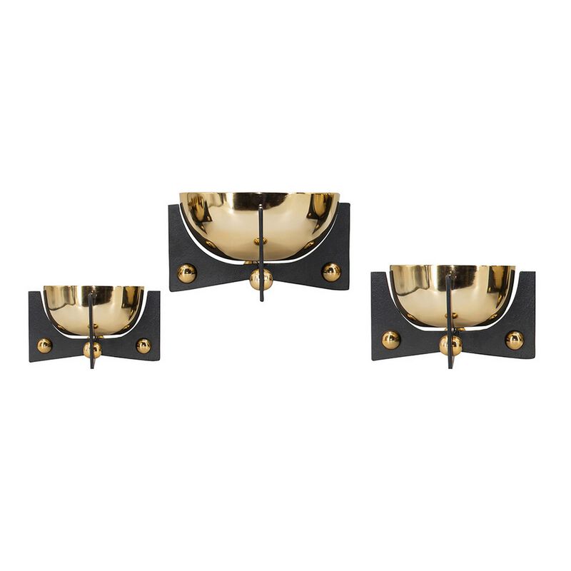 Set of 3 Aluminum Round Decorative Bowls, Gold Finish, Jet Black Stand - Benzara