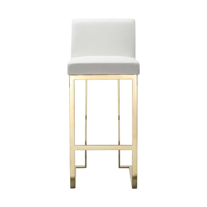 Boly 30 Inch Barstool Chair, Cushioned White Faux Leather, Gold Cantilever - Benzara