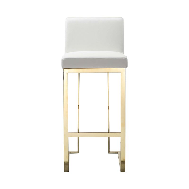 Boly 30 Inch Barstool Chair, Cushioned White Faux Leather, Gold Cantilever - Benzara
