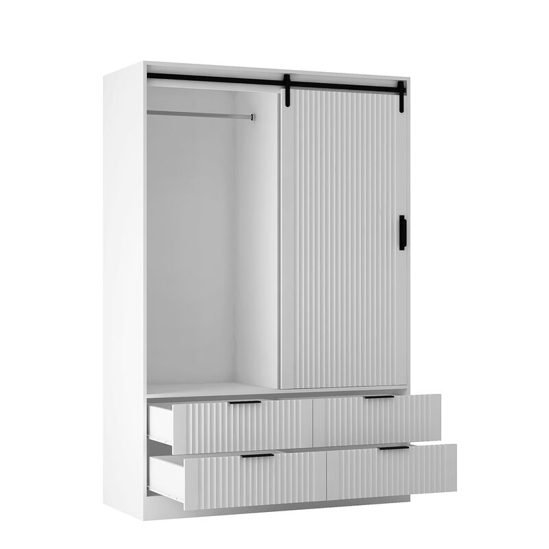 Modern 4-Drawer 4-Shelf Sliding Barn Door Wardrobe Armoire