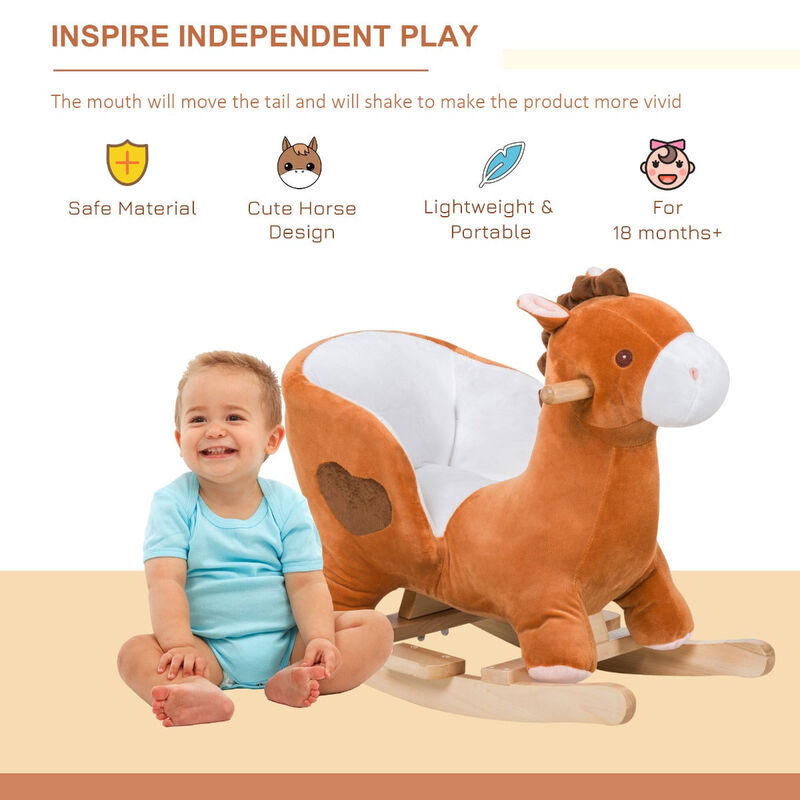 Brown/White Musical Mount: Wooden Plush Rocking Horse for Toddlers