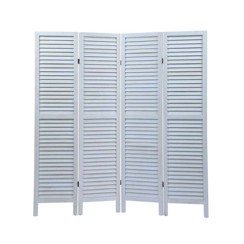 Sycamore Wood 4 Panel Screen Folding Louvered Room Divider Old White