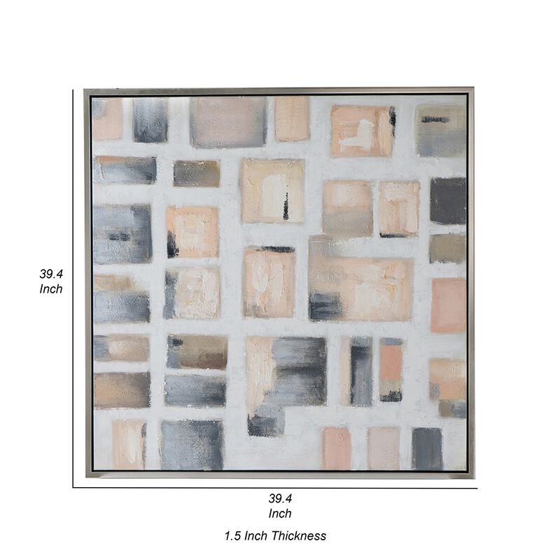 39 x 39 Framed Handpainted Wall Art, Cornerstone Square, Canvas, White Gray - Benzara
