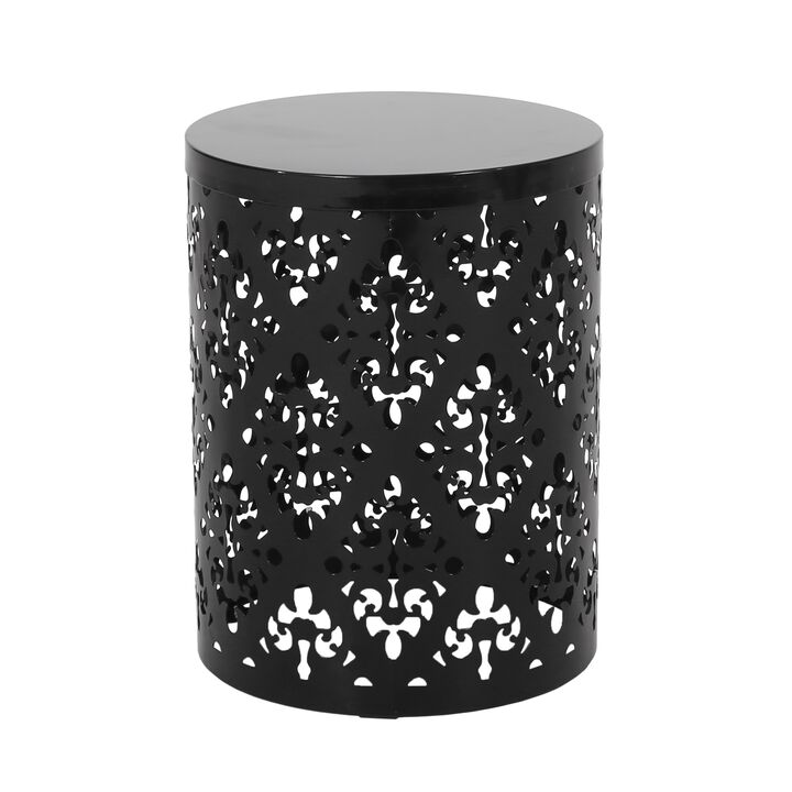 Kemo Outdoor End Table Set of 2, Round Top, Cutout Design, Black Iron - Benzara