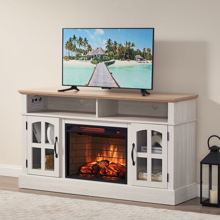 Mondawe 58" Entertainment Center with 23" Electric Fireplace, TV Table for TVs up to 70 Inch, Media Console Cabinet with Storage and Glass Doors for Living Room，Bedroom
