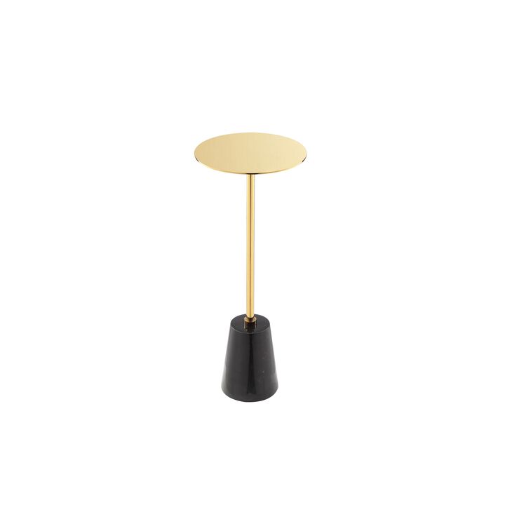Sen Side End Drink Table, Gold Metal Round Top w Black Marble Base - Benzara