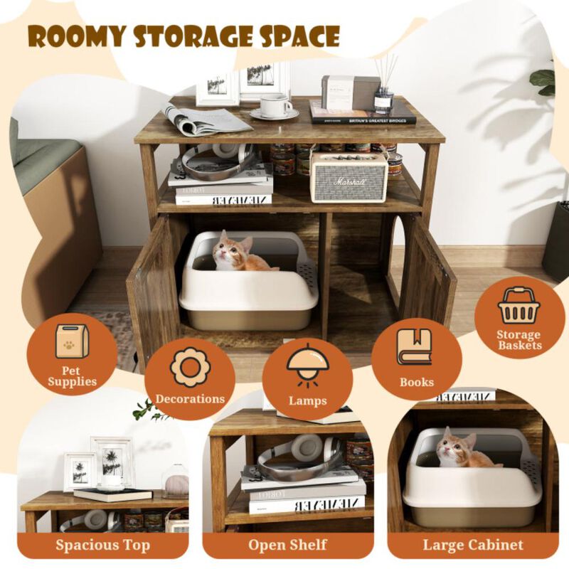 Hivvago Cat Litter Box Enclosure with Double Barn Doors  Divider  Side Entry and Storage Shelf