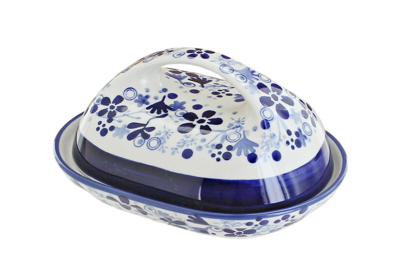 Blue Rose Polish Pottery Butter Dish with Handle