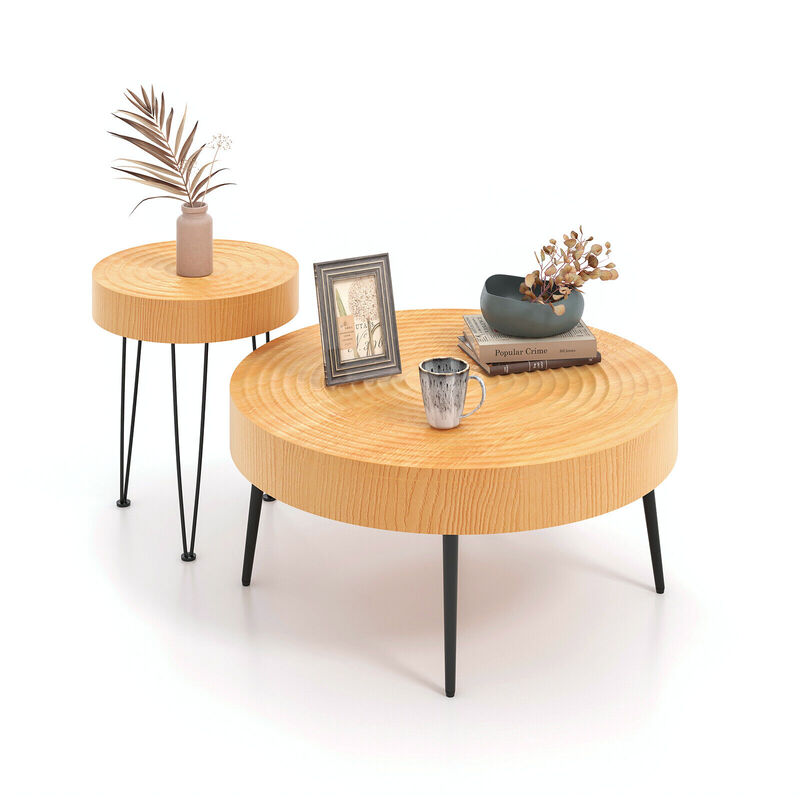 Set of 2 Wooden Coffee Table with Metal Legs and Adjustable Foot Pads