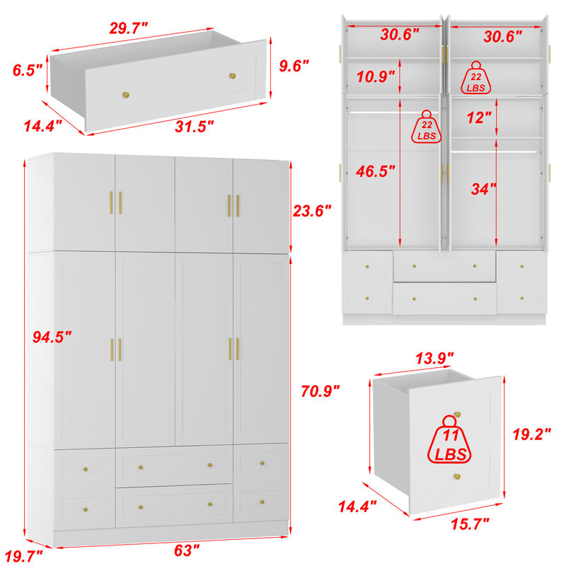 FUFU&GAGA Four-Door Wardrobe with Six Drawers and Top Cabinet (63" W x 19.7" D x 94.5" H),White
