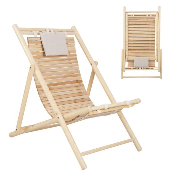 Hivvago Solid Fir Wood Lounge Chair with 3-Level Adjustable Backrest and Soft Padded Headrest-Natural
