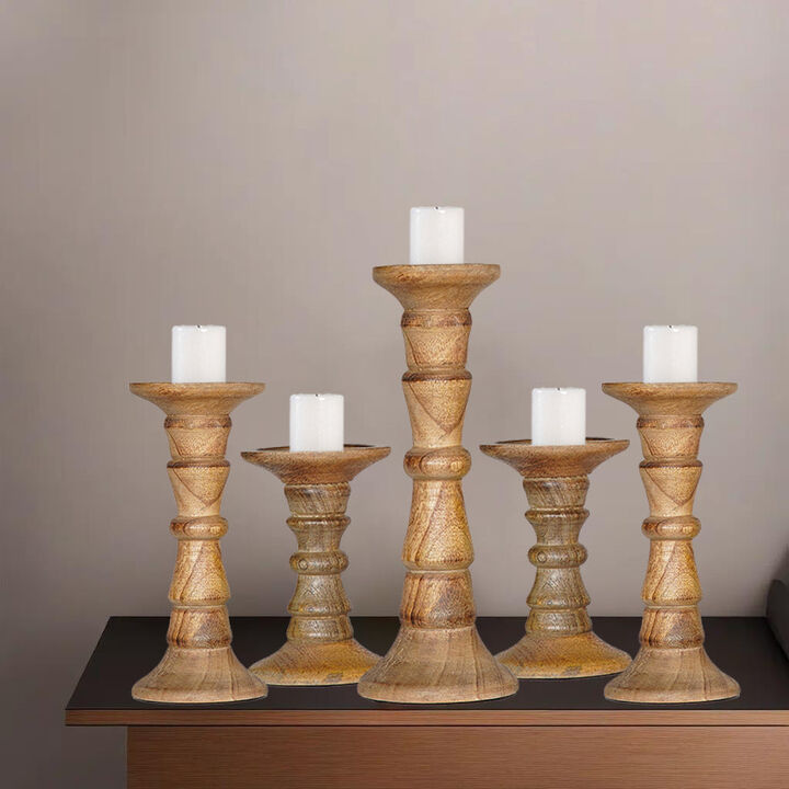 Traditional Wallnut Eco-friendly Handmade Mango Wood Set Of Five 6",9",12",9" & 6" Pillar Candle Holder BBH