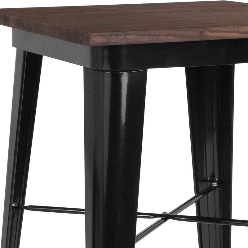 Flash Furniture Prince 23.5" Square Black Metal Indoor Bar Height Table with Walnut Rustic Wood Top
