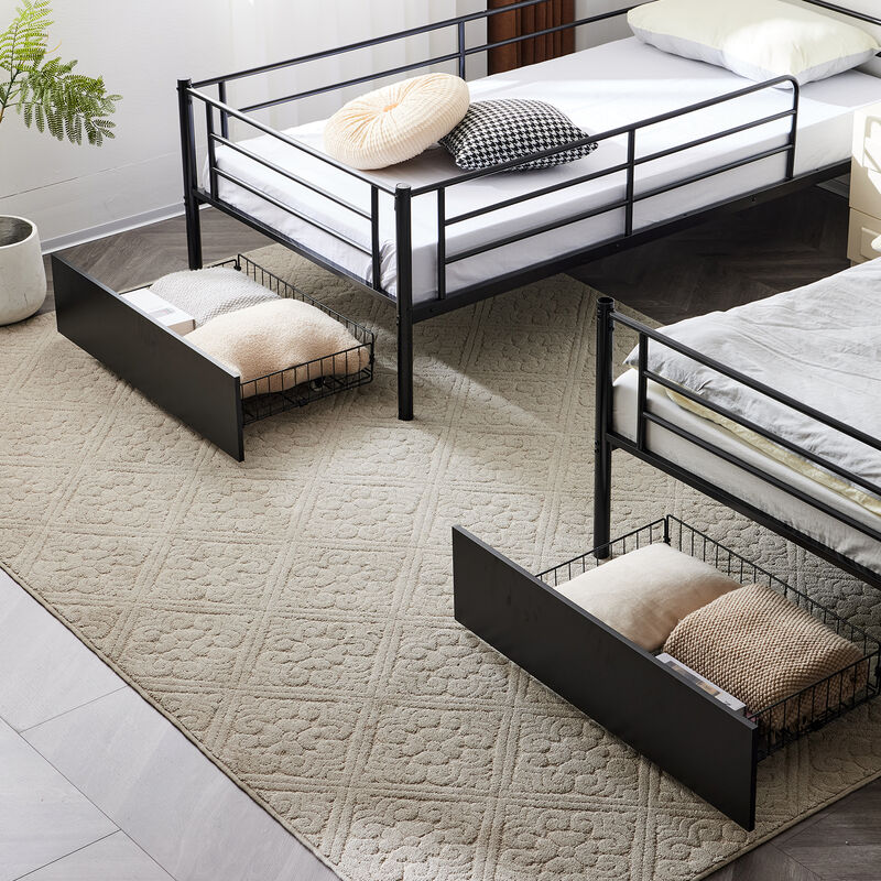 Convertible Metal Bunk Bed with 2 Storage Drawers, Separates into Two Daybeds