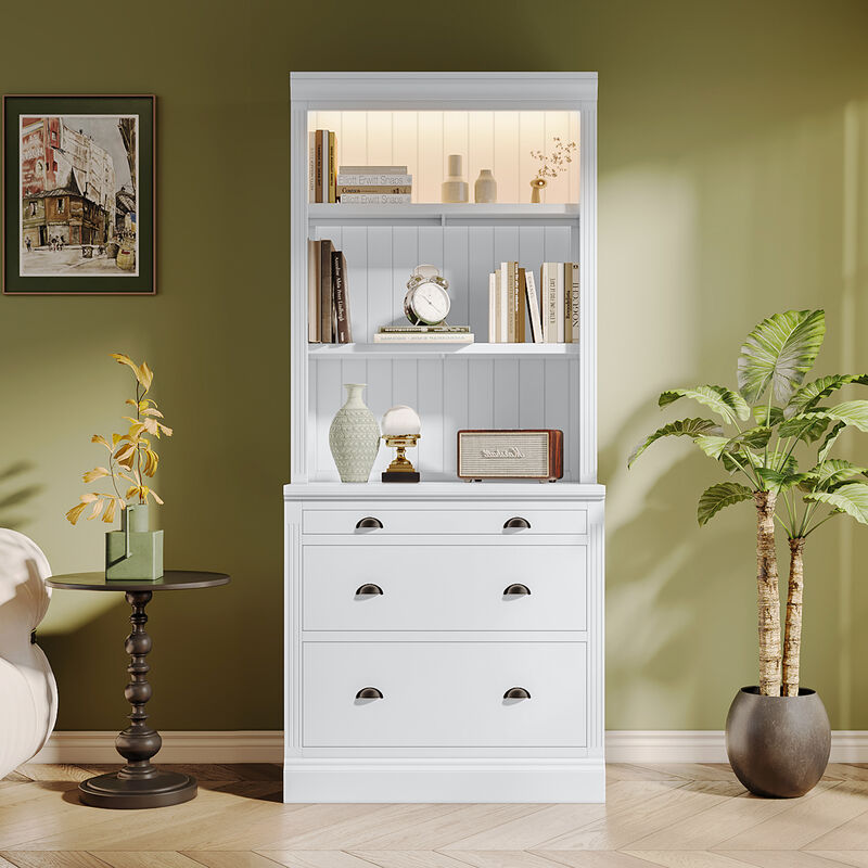 Merax 83.4"Tall Bookshelf with LED Lighting, Modern Bookcase with 3 Drawer and Open Shelves,Storage Bookshelf
