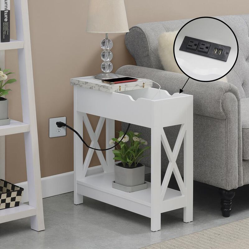 Convenience Concepts Oxford Flip Top End Table with Charging Station and Shelf, Marble