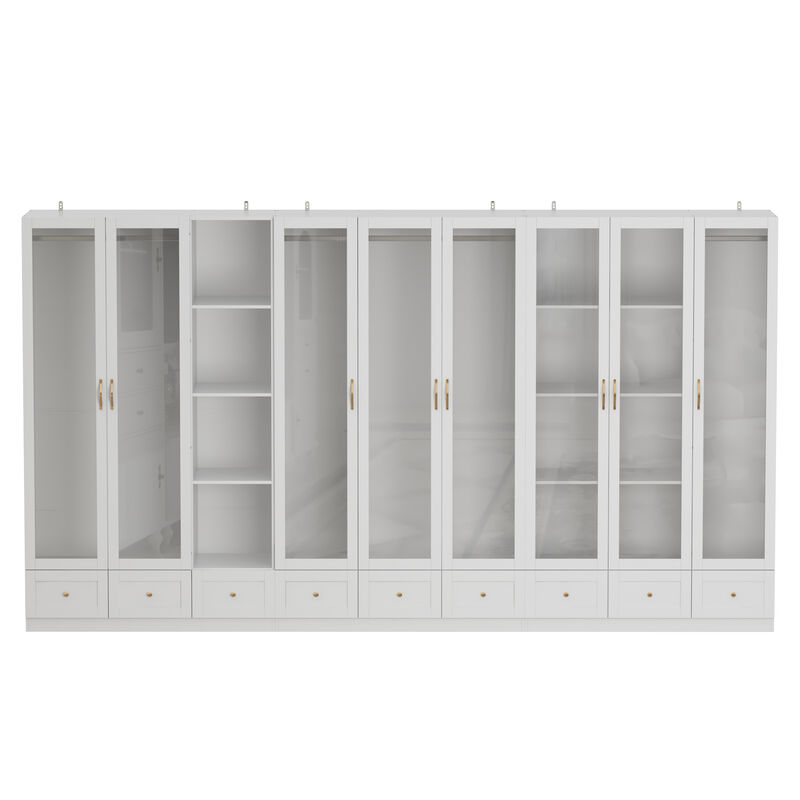 White Armoire Wardrobe Closet with Glass Doors, 9 Drawers, 4-Tier Shelves & Hanging Bar, Wooden Closet Storage Cabinet with Large Compartment for Bedroom