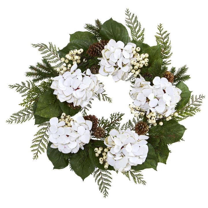 Nearly Natural 24-in Gold Trimmed Hydrangea and Berry Wreath