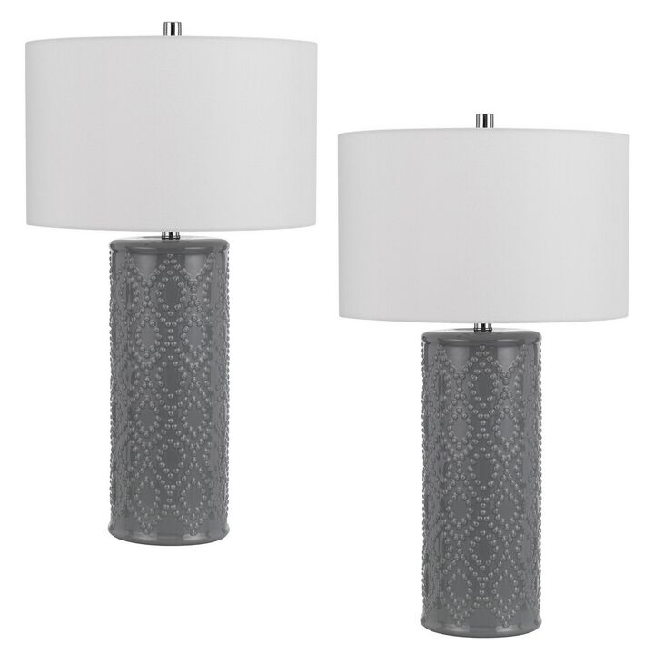 29 Inch Accent Table Lamp Set of 2, Tall Cylinder, Ball Finial Accent, Gray-Benzara