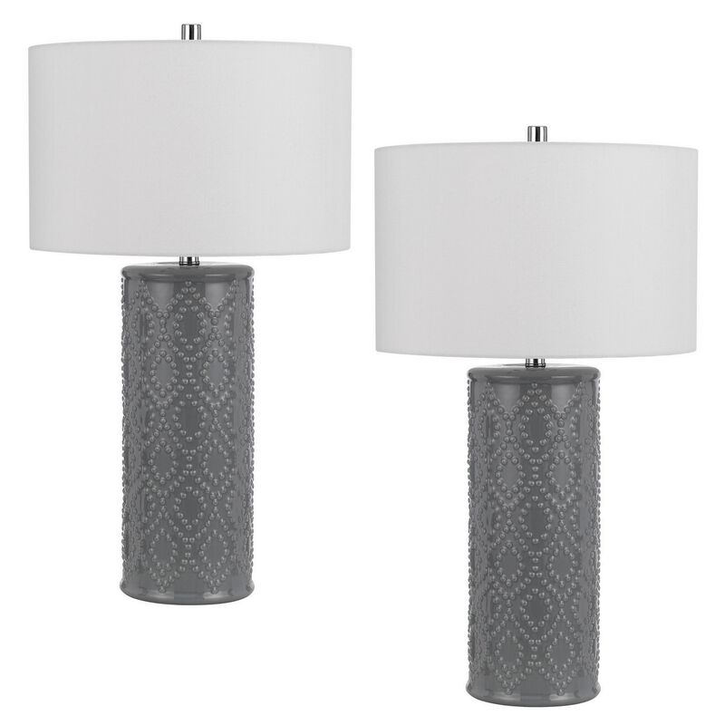29 Inch Accent Table Lamp Set of 2, Tall Cylinder, Ball Finial Accent, Gray-Benzara