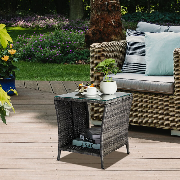Square Patio Wicker End Table with Glass Top for Porch or Garden