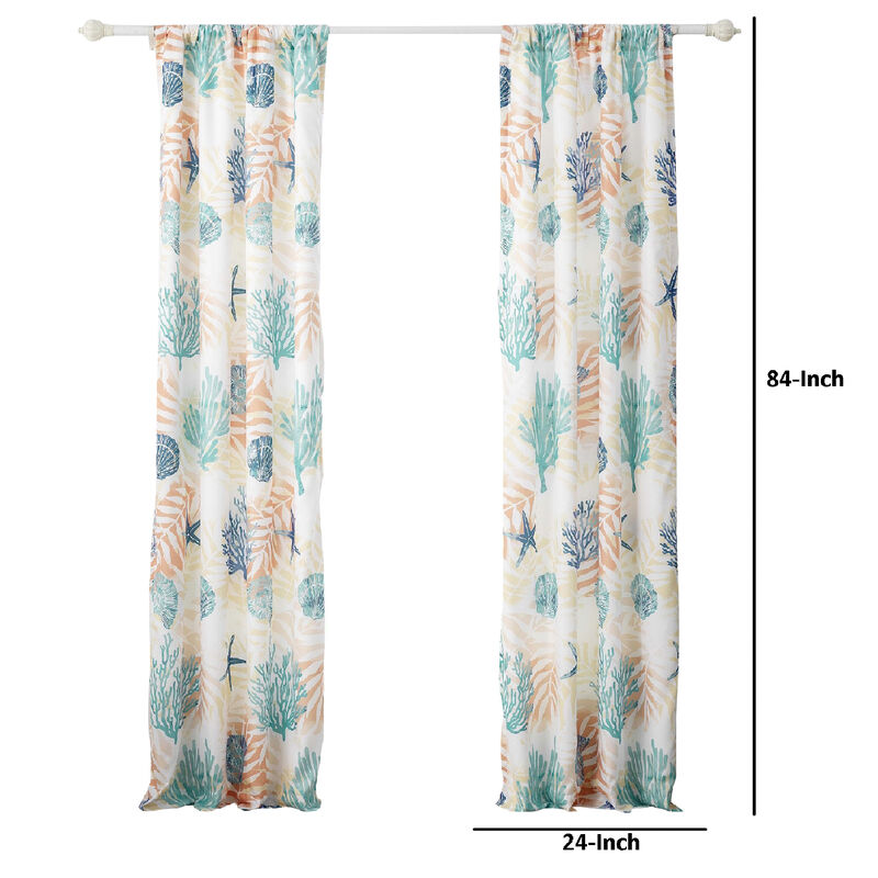 Geo 84 Inch Window Curtains, White Blue Polyester, Seashells Ferns Print - Benzara