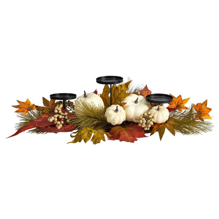 Nearly Natural 22-in Fall Pumpkin and Maple Leaf Autumn Candelabrum