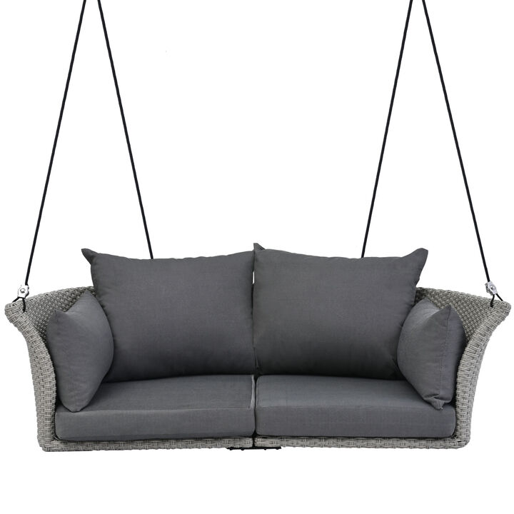 Whisen Rattan Woven Swing Chair, Porch Swing With Ropes, Black Wicker And White Cushion - Gray
