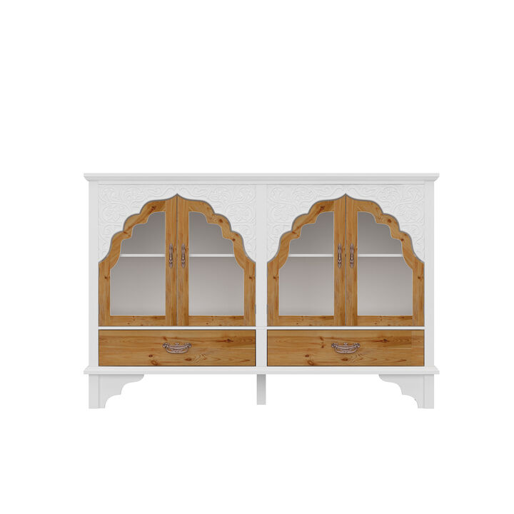 FUFU&GAGA Elegant Carved Sideboard with Glass Doors, (60.2" W x 15.7" D x 39.2" H),White and Brown