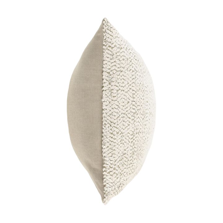 Rias Throw Pillow, Square 22 Inch Woven Design, Ivory Cotton Linen - Benzara