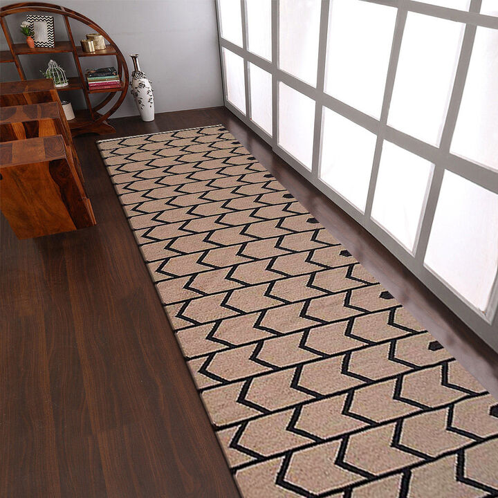 RUGSOTIC CARPETS HAND WOVEN FLAT WEAVE KILIM WOOL ECO-FRIENDLY AREA RUGS  - 3'x13', Runner Shape, Cream Charcoal Color, Contemporary Modern Design, Low Pile Handmade Rugs for Living Room (D00109)