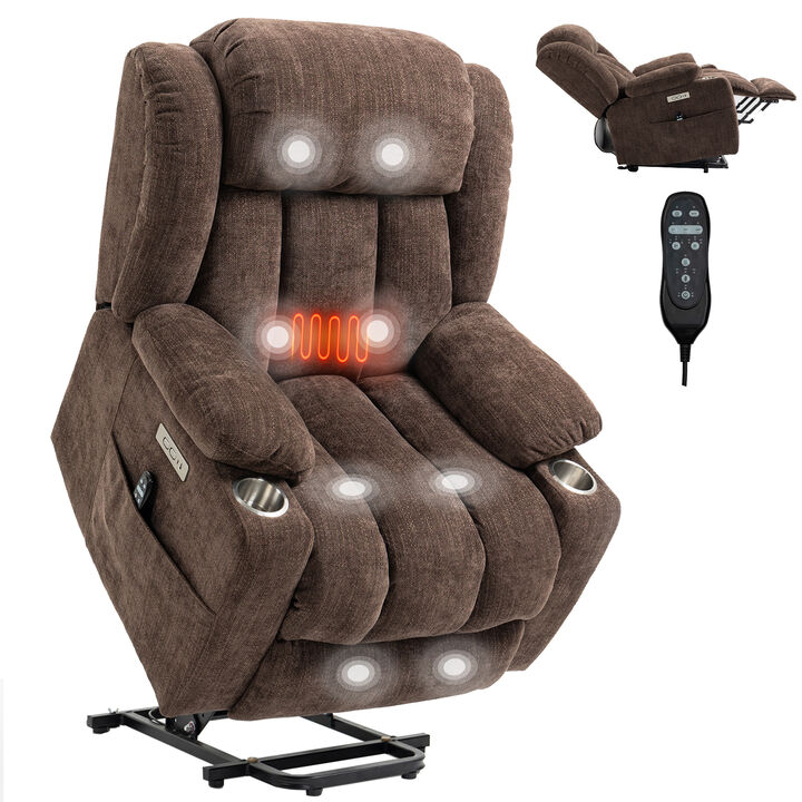 Mondawe Up to 350 LBS Chenille Power Lift Recliner Chair, Heavy Duty Motion Mechanism with 8-Point Vibration Massage and Lumbar Heating, USB and Type-C Ports, Stainless Steel Cup Holders