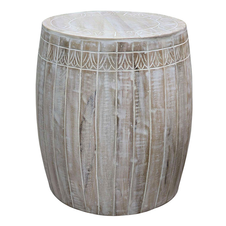 Serenity Barrel Side End Table with 18 Inch Round Top, In Antique White Mango Wood