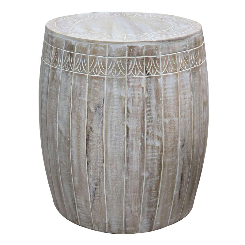 Serenity Barrel Side End Table with 18 Inch Round Top, In Antique White Mango Wood