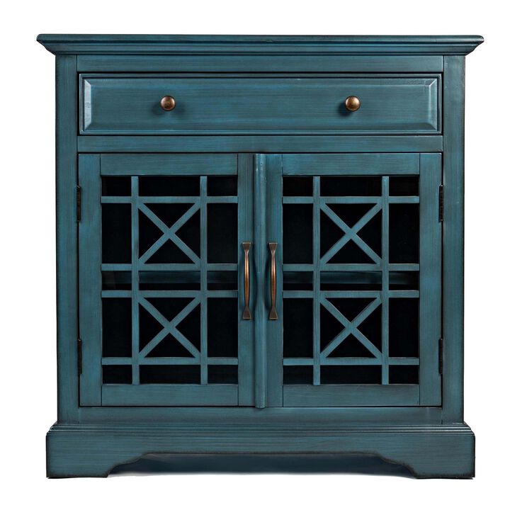 Craftsman Series 32 Inch Wooden Accent Cabinet with Fretwork Glass Front, Blue-Benzara