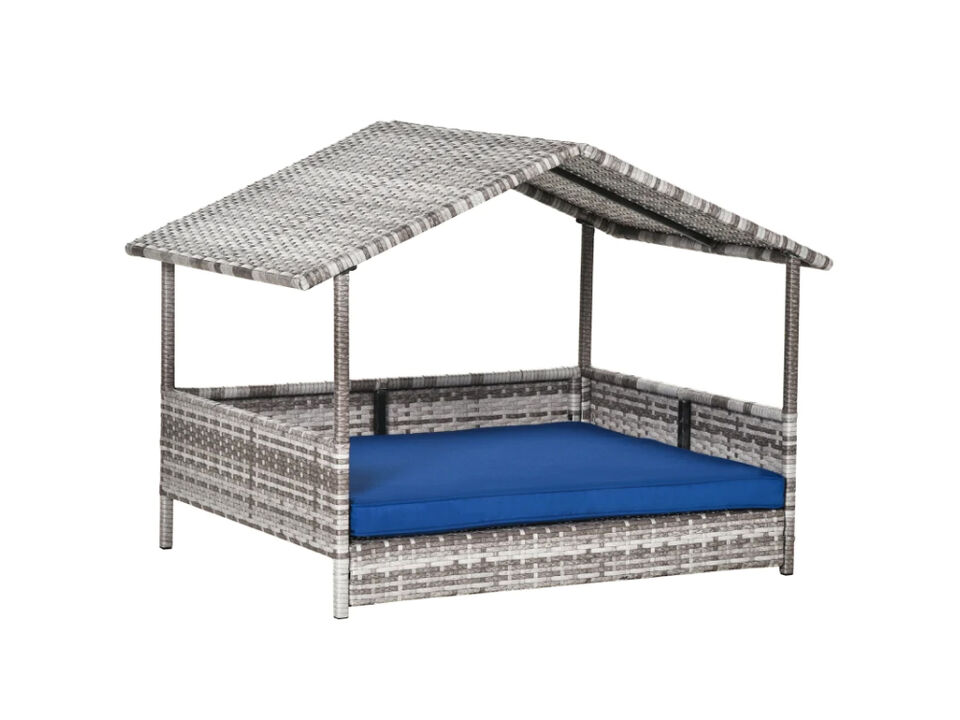 Dark Blue Pet Bed: Wicker Rattan House for Indoor/Outdoor Use