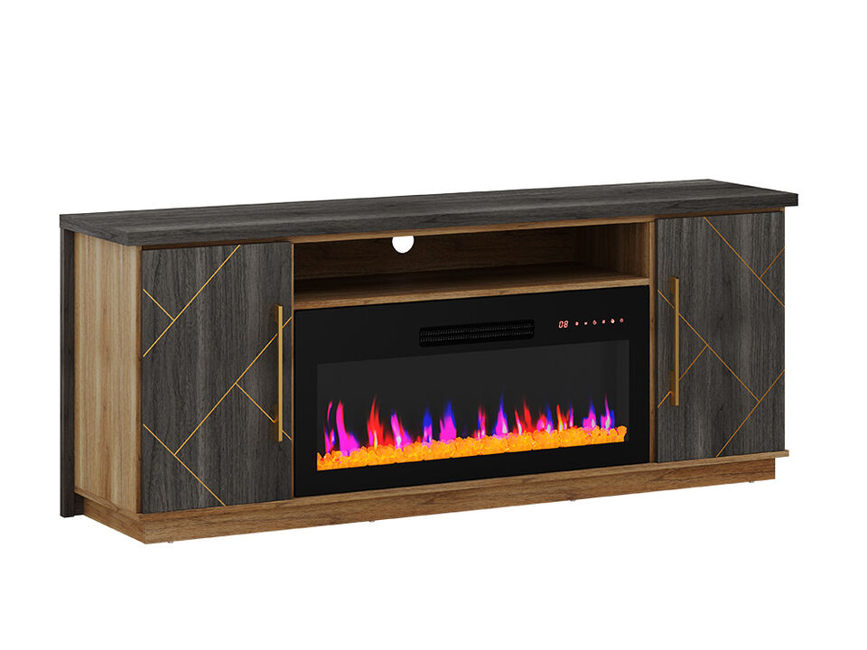 BELLEZE 68 Inch Electric Fireplace TV Stand With Gold Grim, Elegant Entertainment Center With Storage, Media Console With Drawers & Open Shelves for Living Room, Bedroom Home Theater (Espresso Black)