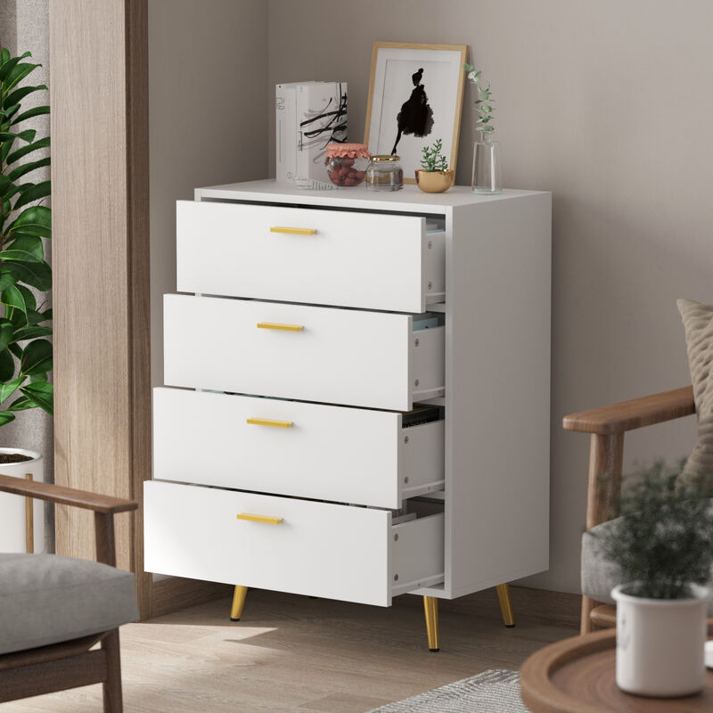 4-Drawers White Wood Chest of Drawer Accent Storage Cabinet Organizer with Metal Leg 37.5 in. Height