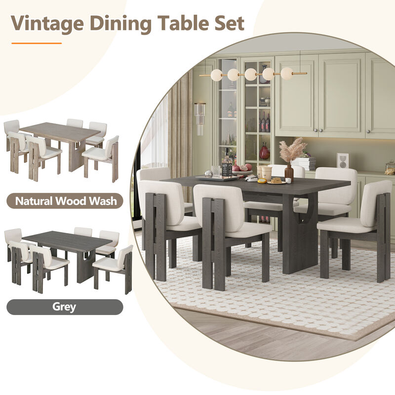 7-Piece Retro Dining Table Set for 6, 60" Wood Dining Table Set for 6 with Upholstered Chairs and Designed Trestle Base for kitchen & Dining Room (Grey)