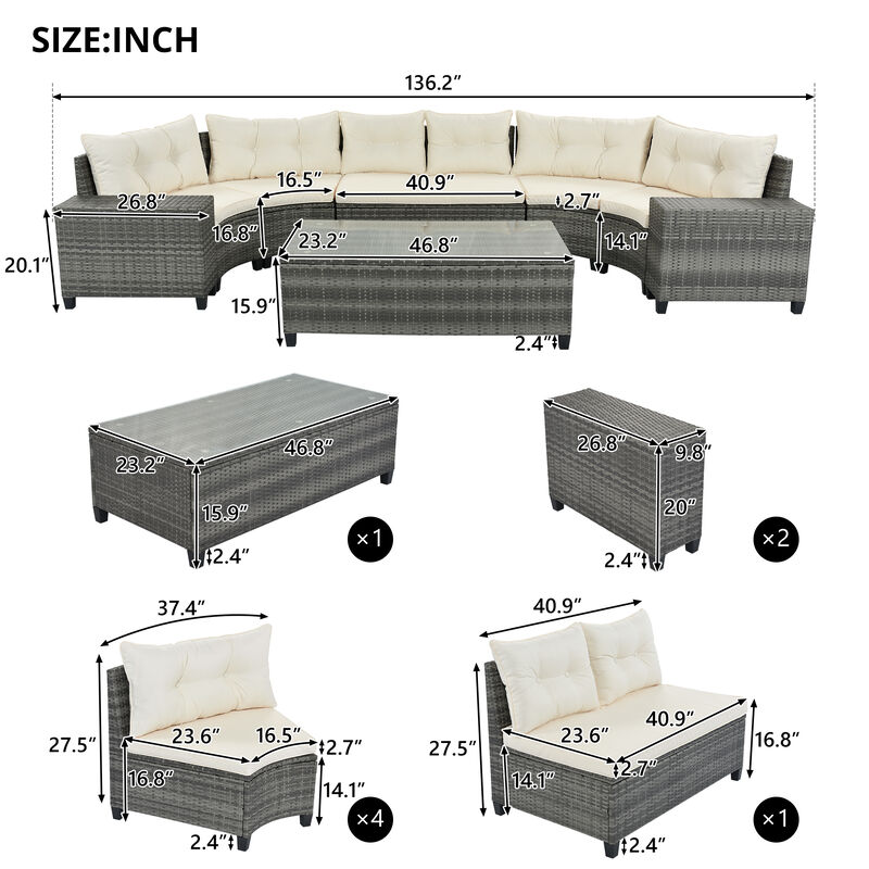 Merax 8-pieces Outdoor Wicker Round Sofa Set，Curved Sofa Set With Rectangular Coffee Table