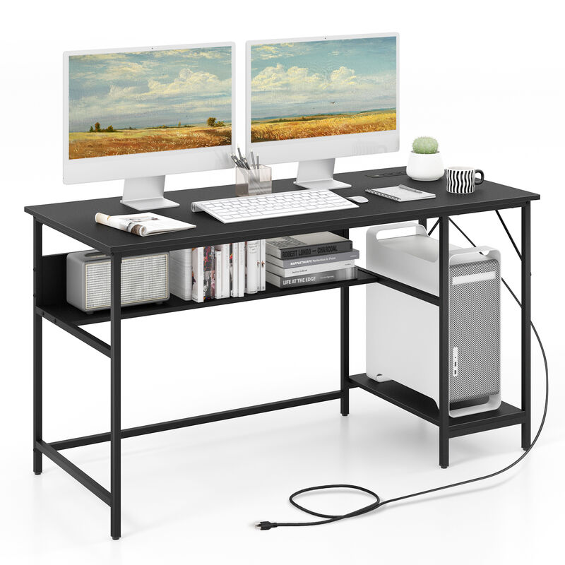 Costway 55'' Computer Desk w/ Charging Station Home Office PC Desk w/ 4 Power Outlets Black