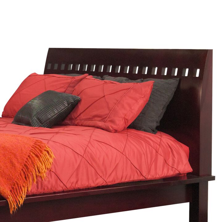 Mox California King Platform Bed, Espresso Wood, Cut Out Headboard Design - Benzara